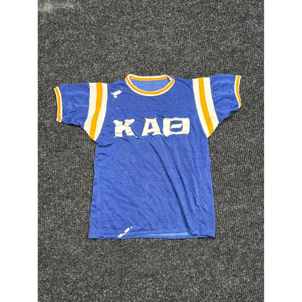 Vintage Kappa Alpha Theta Sorority T-Shirt Blue Yellow Stripe Greek Letters S